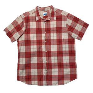 Columbia Shirt Mens XL Extra Large Red White Plaid Button Up Short Sleeve Cotton